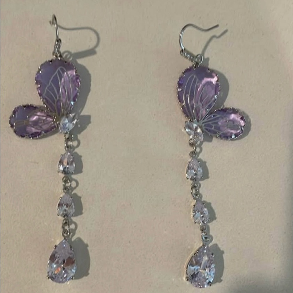 Elegant Butterfly Drop Earrings in Purple and Silver